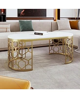 Modern Oval Coffee Table with Cut-Out Pattern Metal Stainless Steel Frame in 47.2"