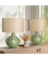 Gordy Mid Century Modern Accent Table Lamps 20 1/2" Tall Set of 2 Green Ribbed Ceramic Oatmeal Fabric Drum Shade for Bedroom Living Family Room B
