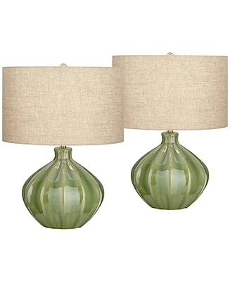 Gordy Mid Century Modern Accent Table Lamps 20 1/2" Tall Set of 2 Green Ribbed Ceramic Oatmeal Fabric Drum Shade for Bedroom Living Family Room B