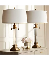 Rolland Traditional Table Lamps 30" Tall Set of 2 Clear Glass Antique Brass Gold Off-White Fabric Drum Shade for Bedroom Living Family Room Bedsi