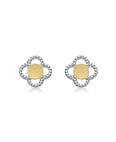 Two-Tone Milgrain Medallion Flower Stud Earrings in White Gold Plated or 14K Gold Plated