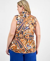 Tahari Asl Plus Paisley-Print Tie-Neck Blouse