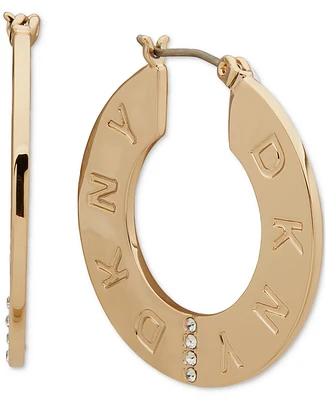 Dkny Gold-Tone Pave Logo Flat Hoop Earrings, 0.66"