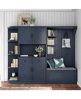 Antique Blue Hall Tree Cabinet w/ Storage & Hooks