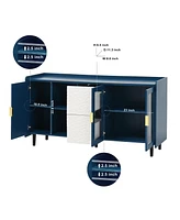 Modern Kitchen Pantry Storage Cabinet, 55" Coffee Bar Storage Cabinet with 2 Drawers, 2 Open Storage Compartment & 2 Glass Doors, Wood Buffet Tab