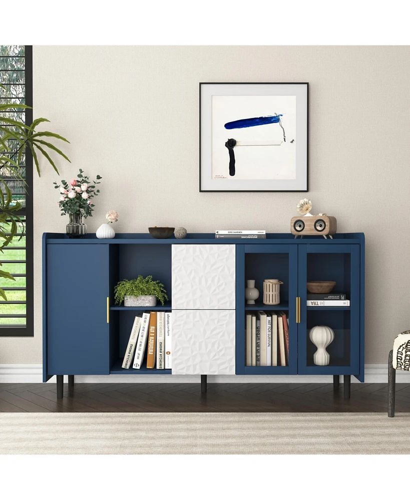 Modern Kitchen Pantry Storage Cabinet, 55" Coffee Bar Storage Cabinet with 2 Drawers, 2 Open Storage Compartment & 2 Glass Doors, Wood Buffet Tab