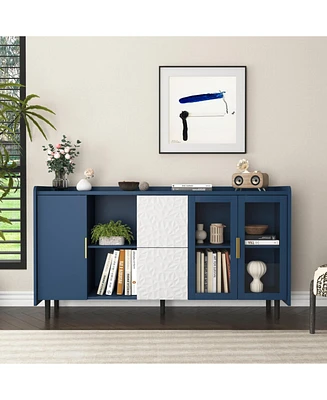Modern Kitchen Pantry Storage Cabinet, 55" Coffee Bar Storage Cabinet with 2 Drawers, 2 Open Storage Compartment & 2 Glass Doors, Wood Buffet Tab
