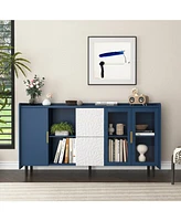 Modern Kitchen Pantry Storage Cabinet, 55" Coffee Bar Storage Cabinet with 2 Drawers, 2 Open Storage Compartment & 2 Glass Doors, Wood Buffet Tab