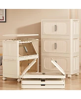 White Folding Storage Cabinet, 3 Tiers, Collapsible Bins, Wheels