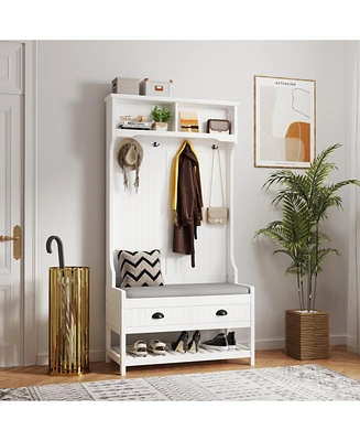 3-in-1 Hallway Hall Tree with 2 Storage Drawer and 4 Coat Rack, Wooden Entryway Shoe Rack Bench with Padded Seat Cushion, Mudroom Bench with Top Stora