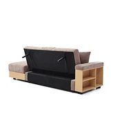 Convertible Sofa Bed with Ottoman, Storage Drawer, Drop Table, and Cup Holders (Light Brown)