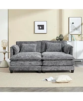 Plush Chenille Sofa with Detachable Armrests, Footstools and Side Pockets
