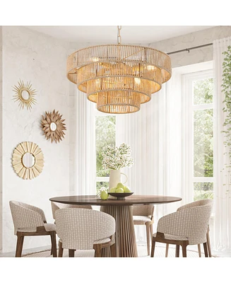 Bohemian style Woven Pendant Light 19.7 Inch Rattan Ligh Large Rattan Pendant Light with 4-Tier Rattan Chandelier--Wood