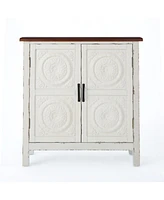 Rustic Distressed White Cabinet With Faux Wood Overlay And Brown Top