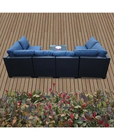 Seven-Piece Black Rattan Outdoor Sofa Set w/ Blue Cushions