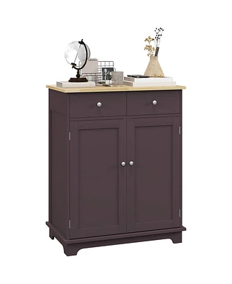 Sideboard with Solid Wood Countertop, Modern Kitchen Storage Cabinet, Coffee Bar Cabinet with 2 Drawers, Doors and Adjustable Shelf, Coffee