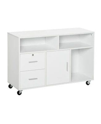 Printer Stand Home Office Mobile Cabinet Organizer Desktop with Caster Wheels, 2 Locking Breaks and Drawer, White