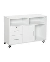 Printer Stand Home Office Mobile Cabinet Organizer Desktop with Caster Wheels, 2 Locking Breaks and Drawer, White