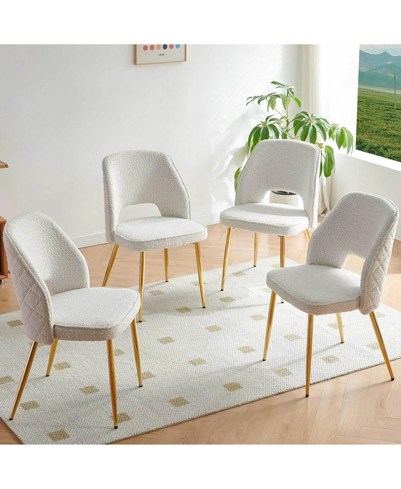 Off White Boucle Dining Chairs with Metal Legs and Hollow Back Upholstered Dining Chairs Set of 4