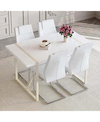 Cream-Style Dining Table Set for 4 with Silver Metal Legs, 55"x31.4