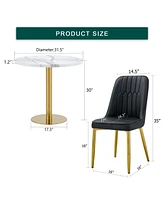 Marble Pattern Round Dining Table and Black Pu Chairs (4)