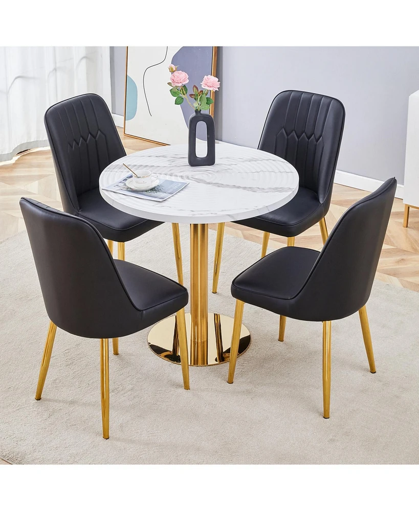 Marble Pattern Round Dining Table and Black Pu Chairs (4)