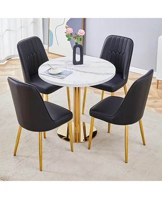 Marble Pattern Round Dining Table and Black Pu Chairs (4)