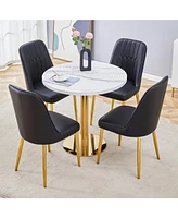 Marble Pattern Round Dining Table and Black Pu Chairs (4)