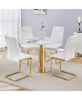 Elegant White Marble Table (31.5") & 4 Pu Chairs with Gold Accents