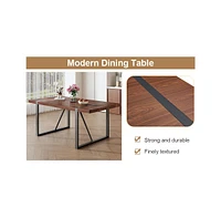 Industrial Walnut Dining Set: 71" Table + 8 Brown Chairs
