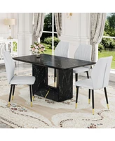 Black Marble Mdf Dining Set with Light Gray Pu Chairs