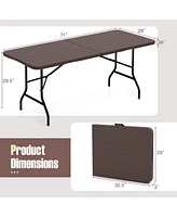 6 Feet Folding Table with Wood Grain Hdpe Tabletop and Safe Lock Mechanism-Brown