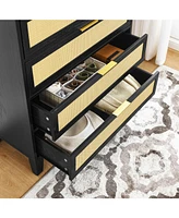 Bedroom 5 drawer dresser, rattan dresser modern wooden chest of drawers with spacious storage space for bedroom hallway living room