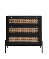 Rattan Storage Cabinet with 3 Large Drawers, Boho Mid-Century Wooden Nightstand Drawer Dresser, Sideboard Buffet Cabinet with Storage for Living Room