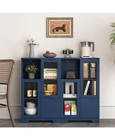 Wooden Floor Cabinet with 2 Glass Doors and 2 Storage Space, Blue Living Room Bathroom Entryway