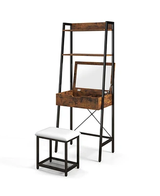 Ladder Vanity Desk Set with Flip Top Mirror and Cushioned Stool