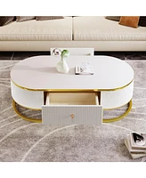 Modern Oval Coffee Table with Drawers,Curved Profile Design, Gold Metal Decor, Center Table for Living Room in 47.2"