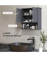 Farmhouse Bathroom Wall Cabinet, Wall Mounted Medicine Cabinet with Open Shelf & Adjustable Shelf, Storage for Laundry Room, Gray