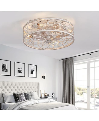 Vintage Caged Ceiling Fan Light with Remote - 18.1" White, Industrial Style for Home (Bulb Not Included)