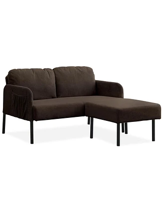Brown L-Shaped 2-Seater Sofa with Ottoman, Modern Loveseat for Small Spaces