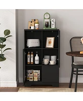 Wooden Floor Cabinet with 2 Glass Doors and 2 Storage Space, Black, Living Room Bathroom Entryway