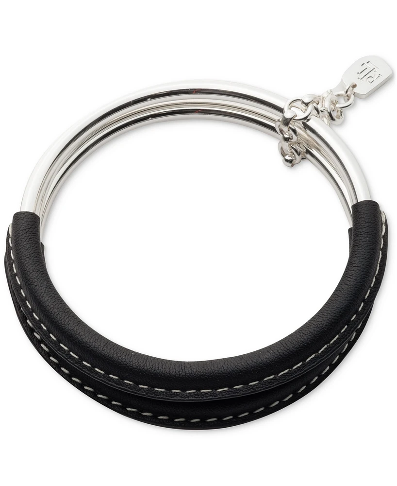 Lauren Ralph Lauren Silver-Tone 2-Pc. Set Black Leather Bangle Bracelet