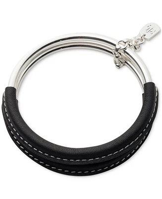 Lauren Ralph Lauren Silver-Tone 2-Pc. Set Black Leather Bangle Bracelet