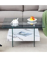 Modern Two-Tier Coffee Table: Clear Glass and Marble
