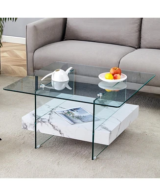 Modern Two-Tier Coffee Table: Clear Glass and Marble