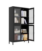 Classic Metal Storage Cabinet Display Cabinet with 4 Glass Doors 4 Shelves Cabinet Bookcase Side Cabinet for Home Office Living Room Kitchen Hallway