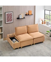 74" Modern Pumpkin Flannel Sofa with Cup Holders, Storage, and Adjustable Backrest