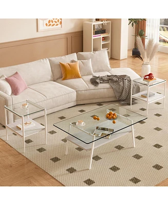 Coffee Table and End tables Set of 3, Tempered Glass Table with Mdf layer, Modern Tables for Living Room, Transparent Glass