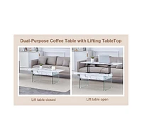 Multifunctional Lift Top Coffee Table with Modern Marble Pattern and Tempered Glass Legs