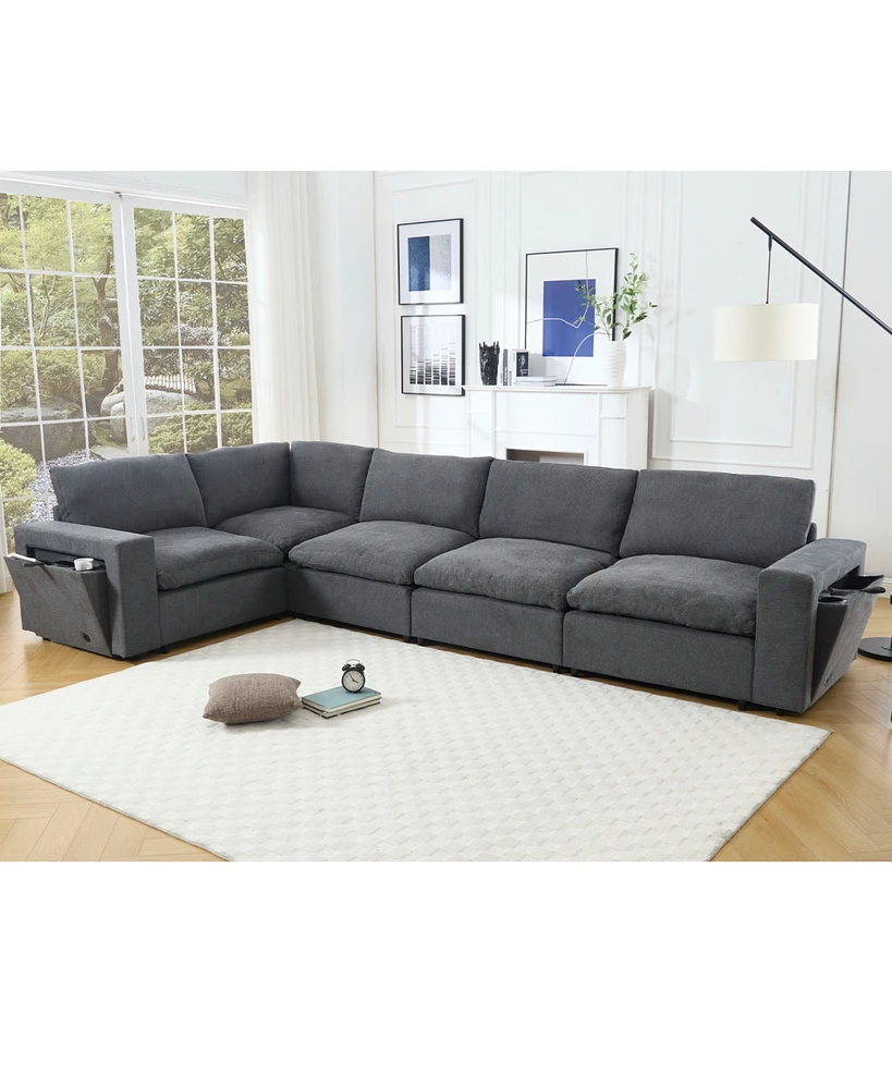 Gray Modular Sectional Sofa with Wireless Charging, Cup Holders, Book Storage